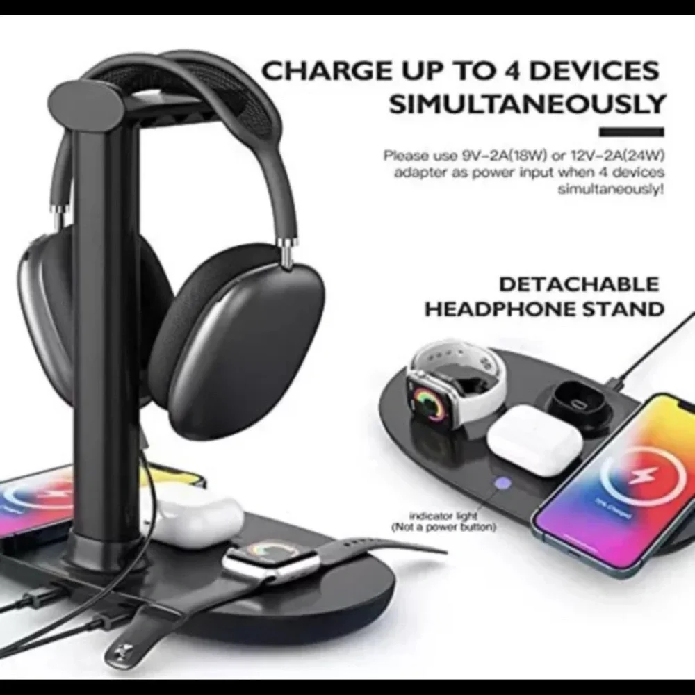 Headphone Stand with 15w Wireless Charger Suguder 4 in 1 Qi Charging Station ...